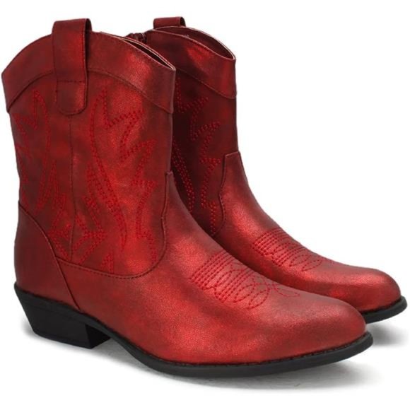 Women's Western Cowgirl Cowboy Ankle Boots, Metallic Red - Picture 2 of 6